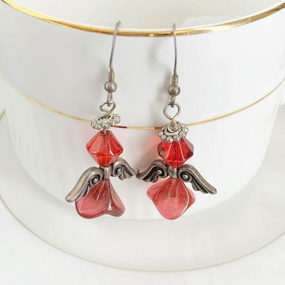 Red 3D ANGEL Earrings Handmade Artisan Antique Silver Dangle Adorable - Picture 3 of 5